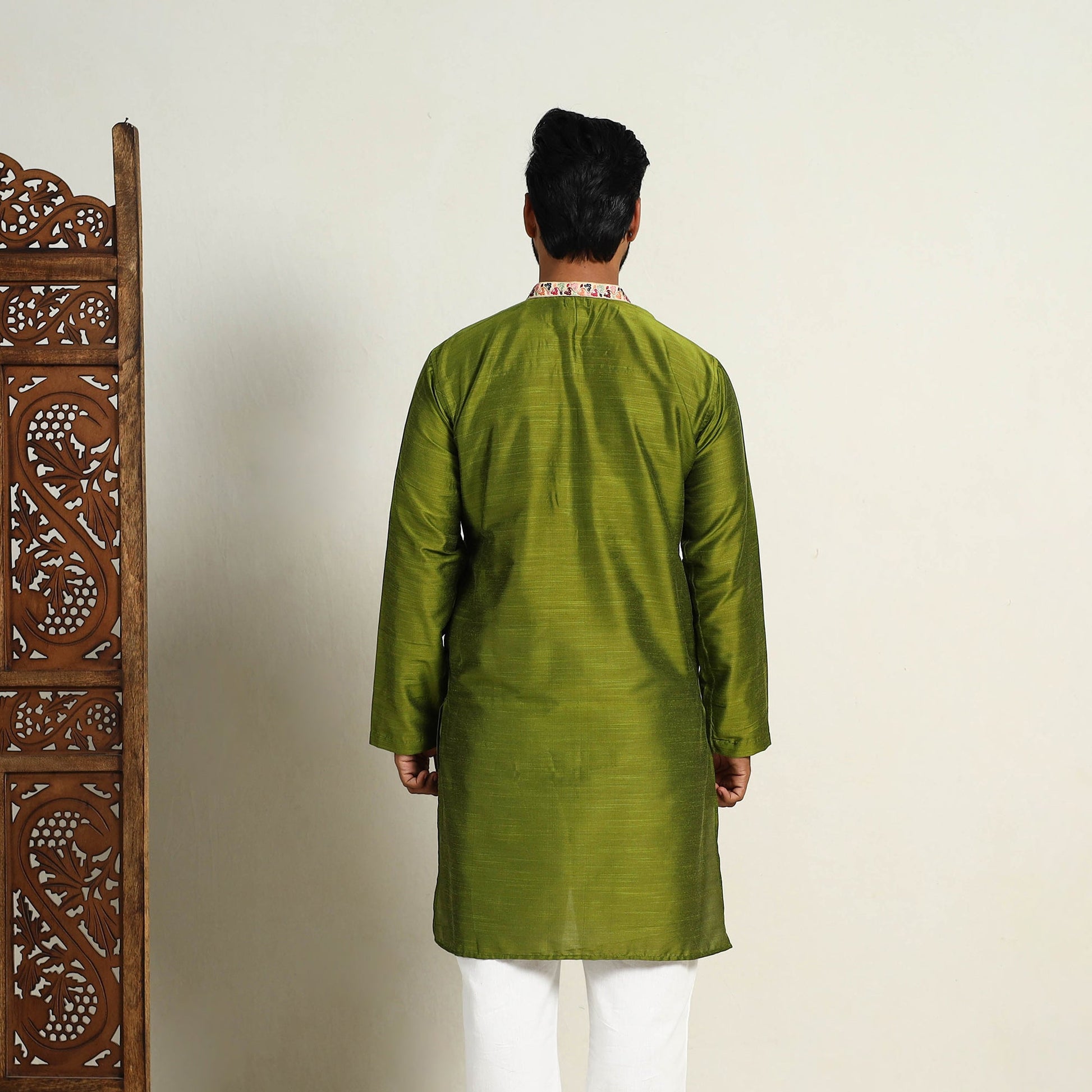 Avacado Green - Slub Silk Kurta for Men with Detailed Neckline Work 11