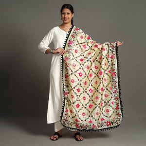 Black - Ranihati Chanderi Silk Chapa Work Phulkari Embroidered Dupatta with Pom Pom 61
