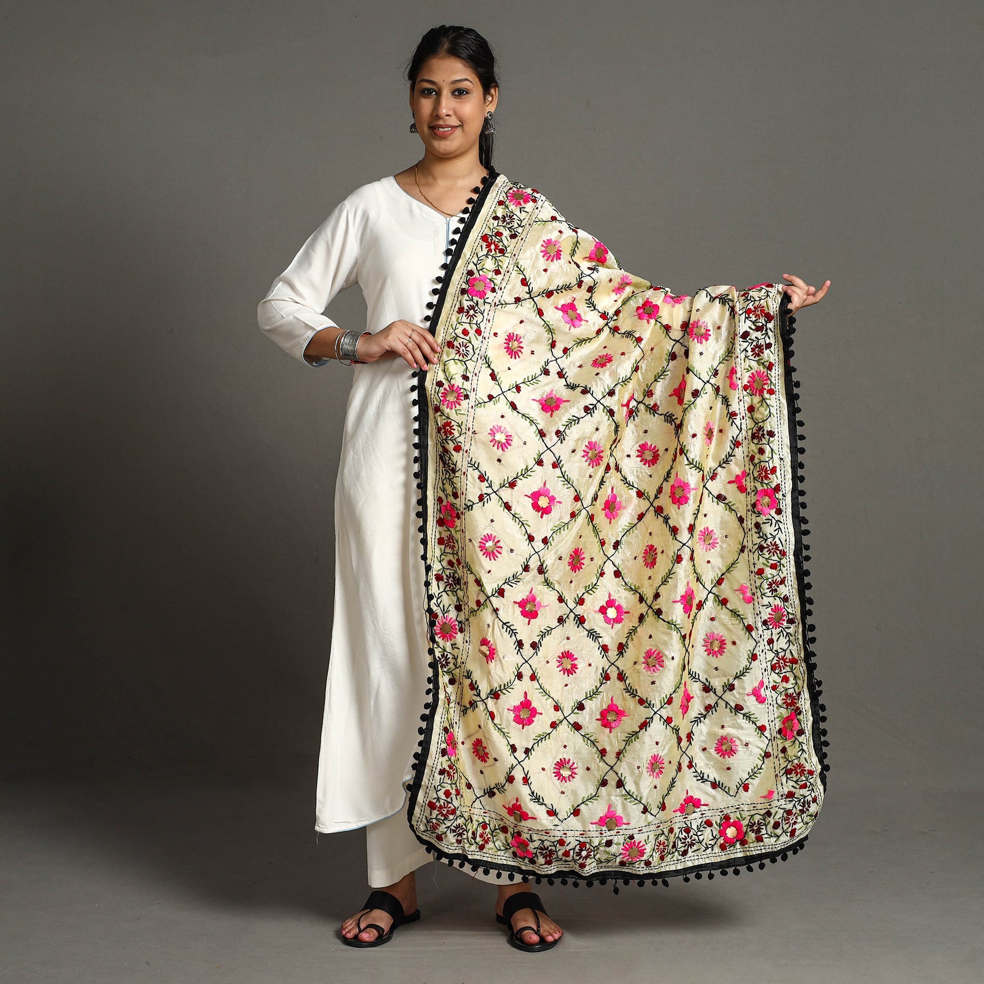 Black - Ranihati Chanderi Silk Chapa Work Phulkari Embroidered Dupatta with Pom Pom 61