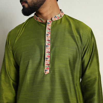 Avacado Green - Slub Silk Kurta for Men with Detailed Neckline Work 11