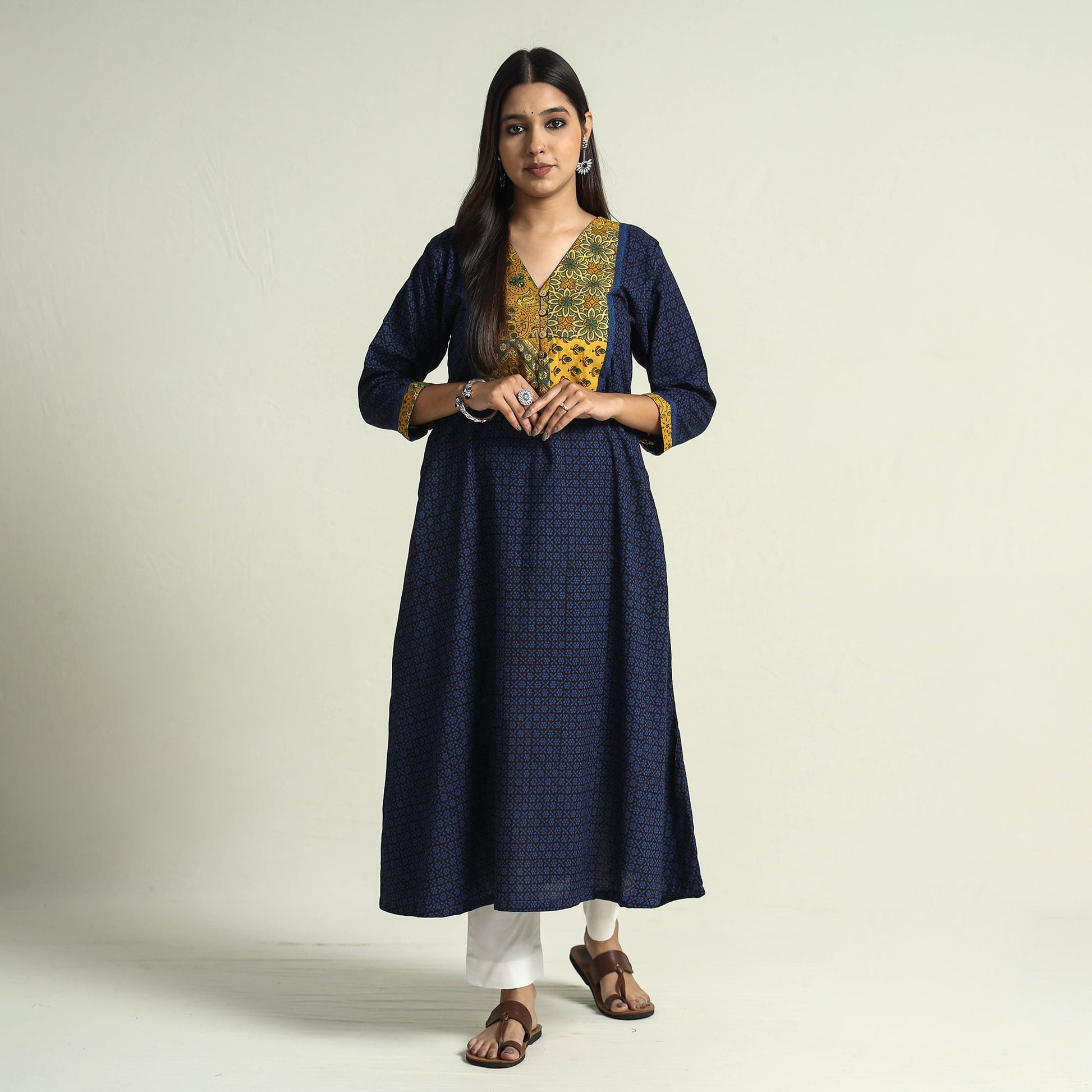 Blue - Block Print Cotton Patchwork A-Line Bagh Kurta