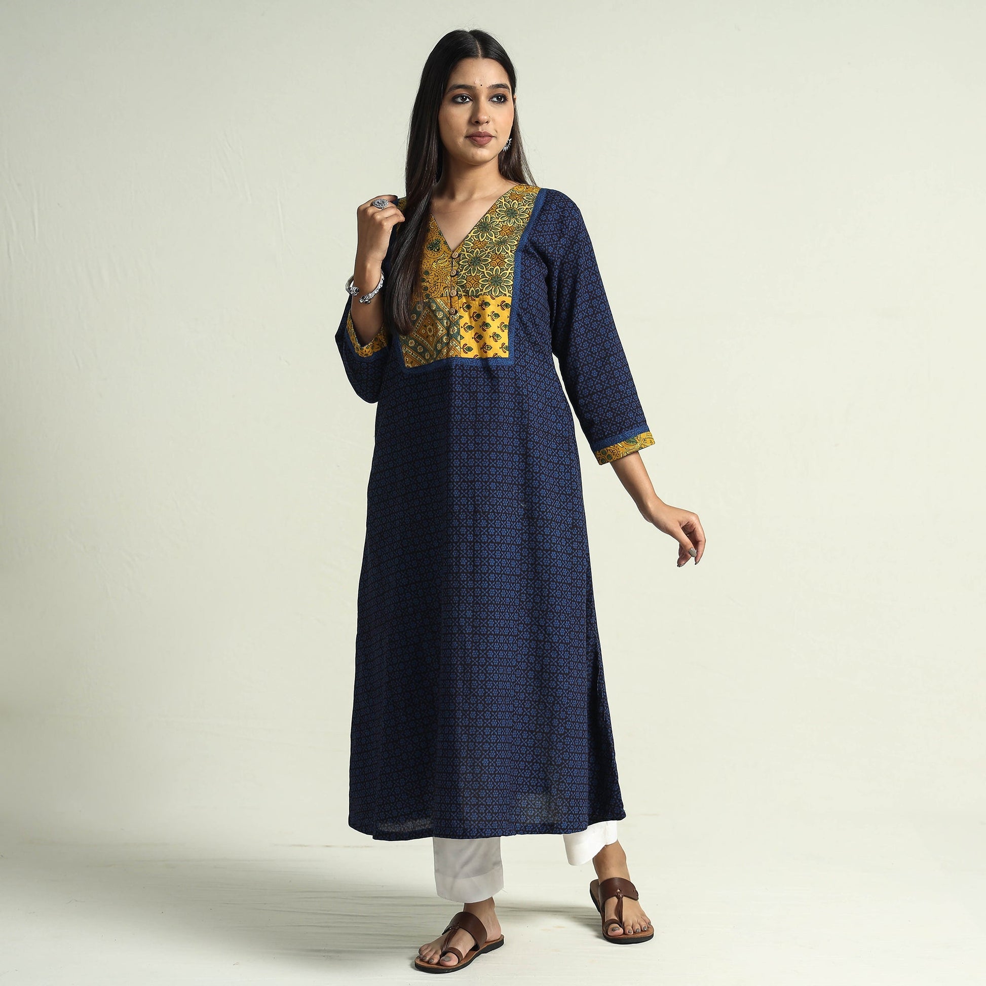 Blue - Block Print Cotton Patchwork A-Line Bagh Kurta