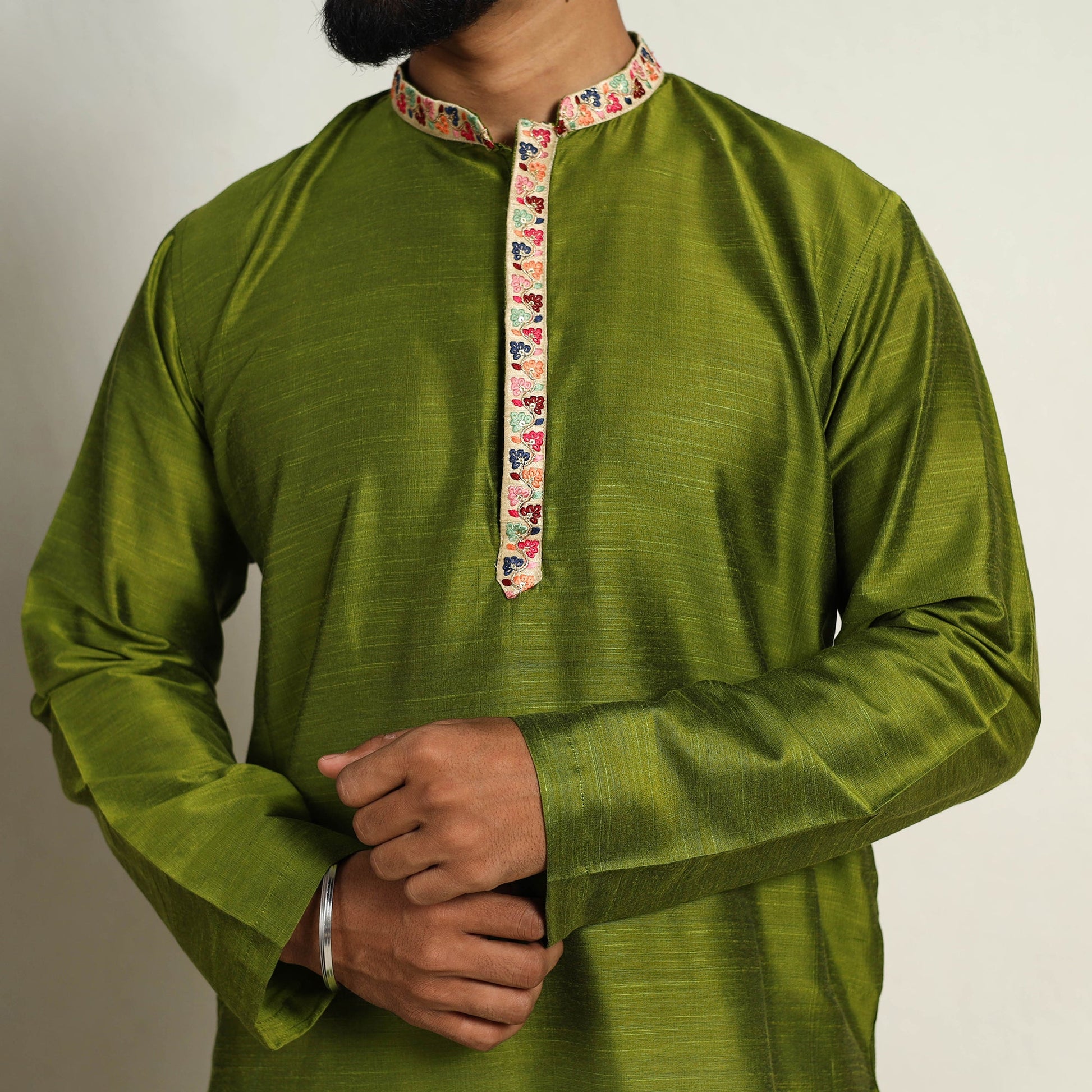 Avacado Green - Slub Silk Kurta for Men with Detailed Neckline Work 11