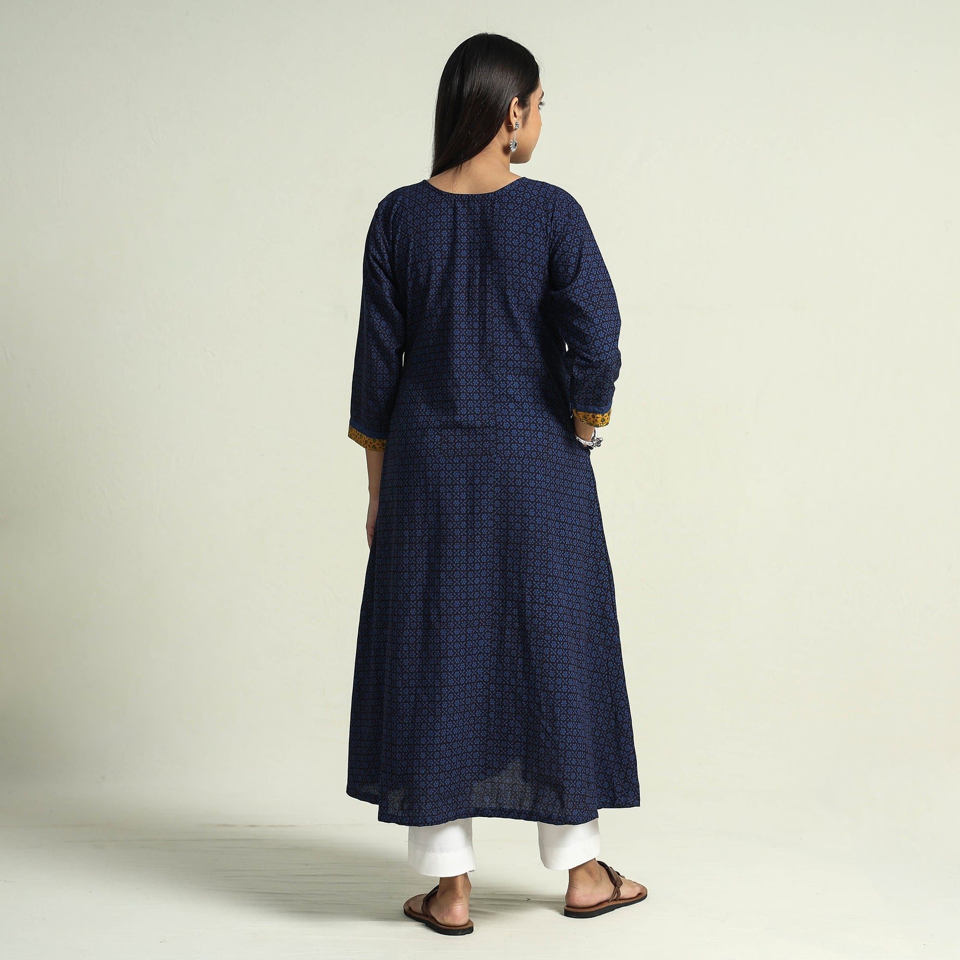 Blue - Block Print Cotton Patchwork A-Line Bagh Kurta
