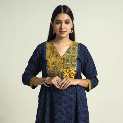 Blue - Block Print Cotton Patchwork A-Line Bagh Kurta