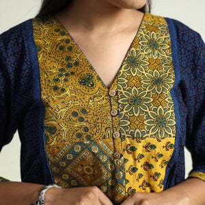 Blue - Block Print Cotton Patchwork A-Line Bagh Kurta