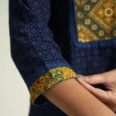 Blue - Block Print Cotton Patchwork A-Line Bagh Kurta