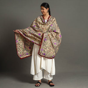 Beige - Ranihati Chanderi Silk Chapa Work Phulkari Embroidered Dupatta with Pom Pom 66