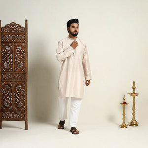 Beige - Slub Silk Kurta for Men with Detailed Neckline Work 06
