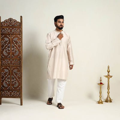Beige - Slub Silk Kurta for Men with Detailed Neckline Work 06