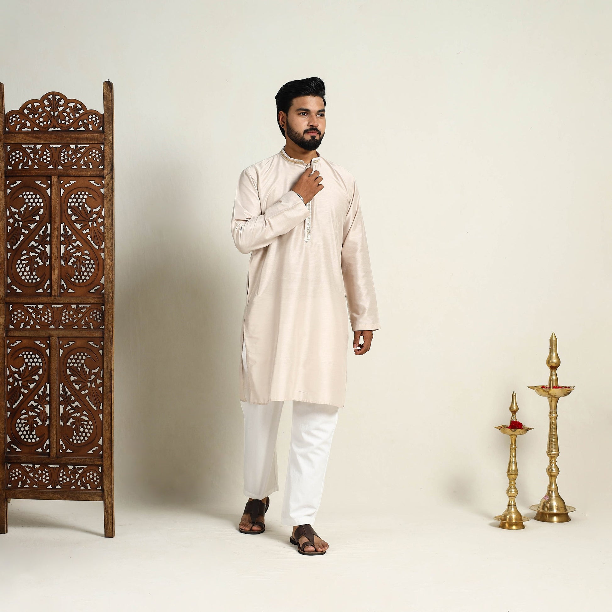 Beige - Slub Silk Kurta for Men with Detailed Neckline Work 06