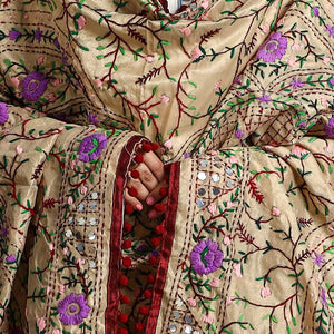 Beige - Ranihati Chanderi Silk Chapa Work Phulkari Embroidered Dupatta with Pom Pom 66
