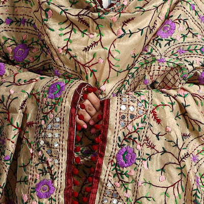 Beige - Ranihati Chanderi Silk Chapa Work Phulkari Embroidered Dupatta with Pom Pom 66