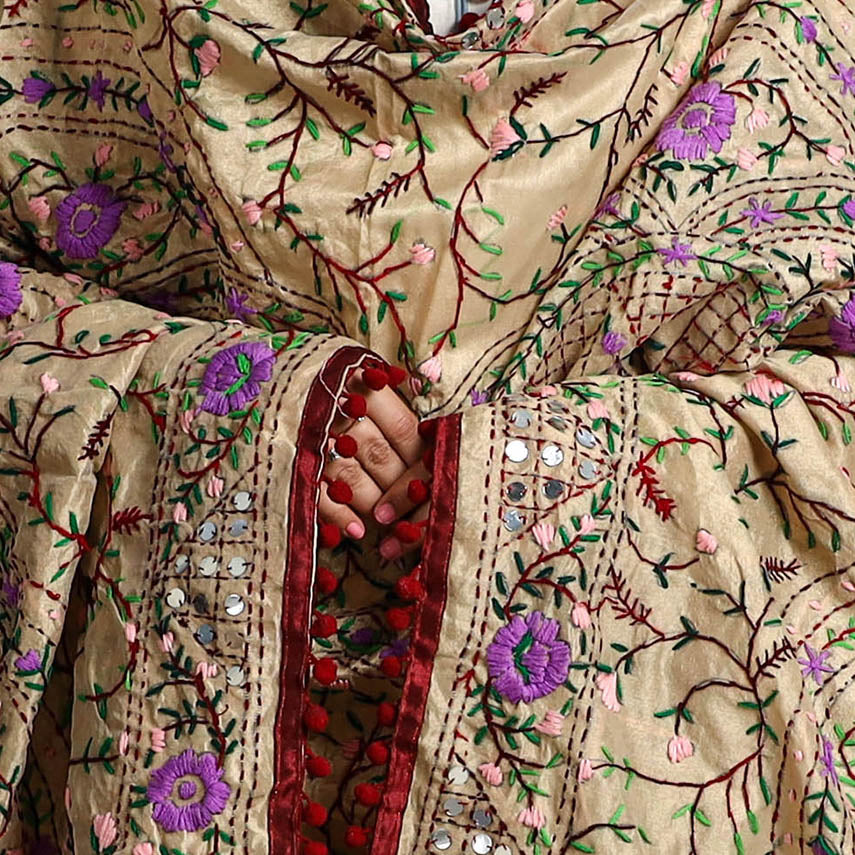 Beige - Ranihati Chanderi Silk Chapa Work Phulkari Embroidered Dupatta with Pom Pom 66