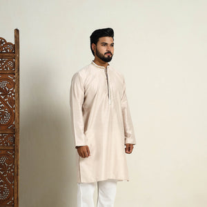 Beige - Slub Silk Kurta for Men with Detailed Neckline Work 06