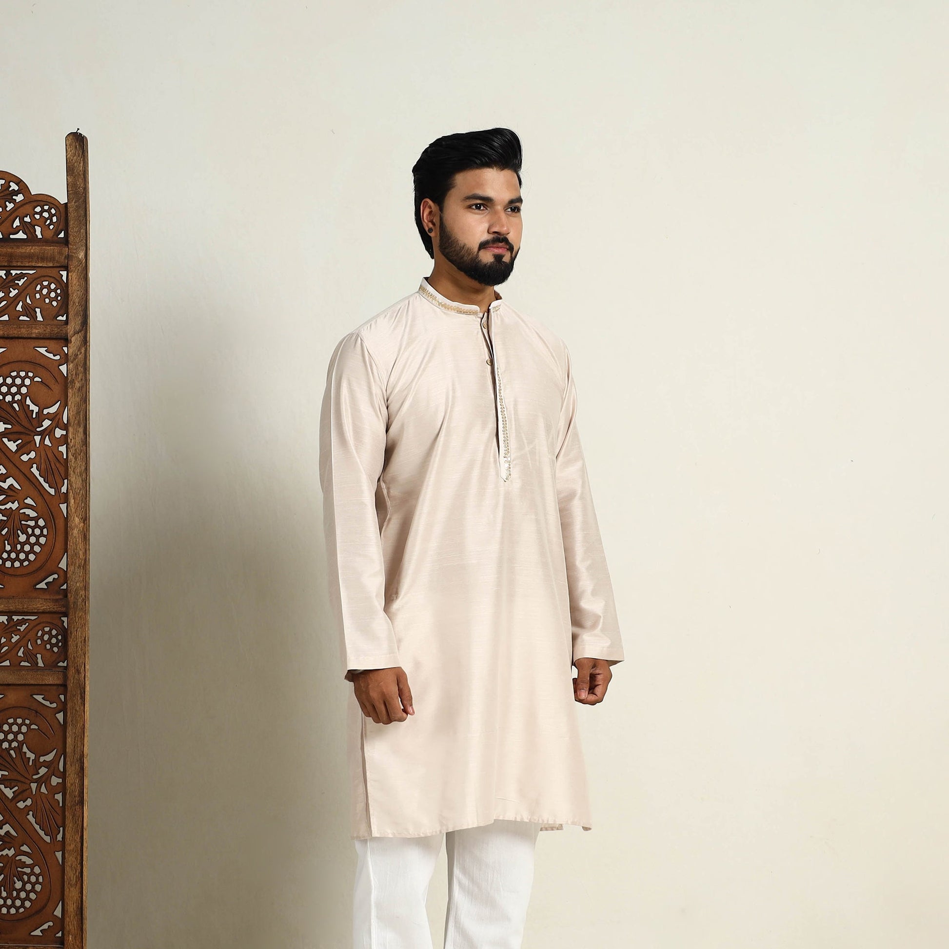 Beige - Slub Silk Kurta for Men with Detailed Neckline Work 06