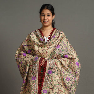Beige - Ranihati Chanderi Silk Chapa Work Phulkari Embroidered Dupatta with Pom Pom 66