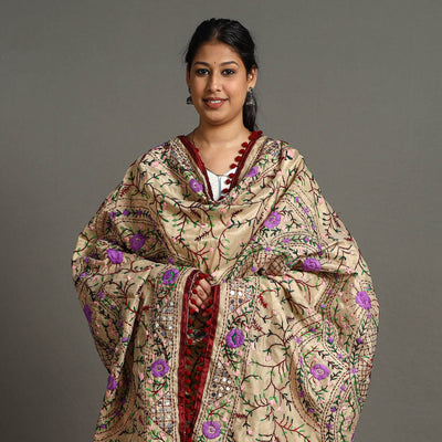 Beige - Ranihati Chanderi Silk Chapa Work Phulkari Embroidered Dupatta with Pom Pom 66