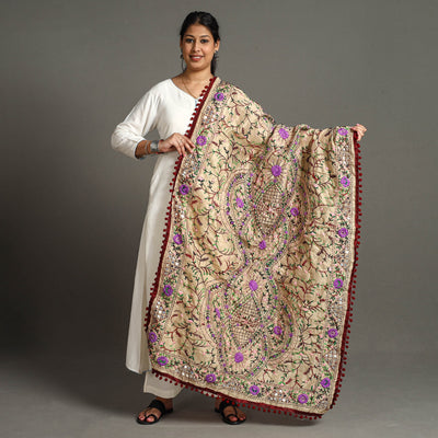 Beige - Ranihati Chanderi Silk Chapa Work Phulkari Embroidered Dupatta with Pom Pom 66