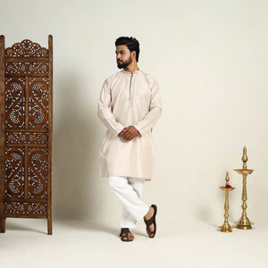 Beige - Slub Silk Kurta for Men with Detailed Neckline Work 06
