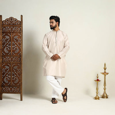 Beige - Slub Silk Kurta for Men with Detailed Neckline Work 06