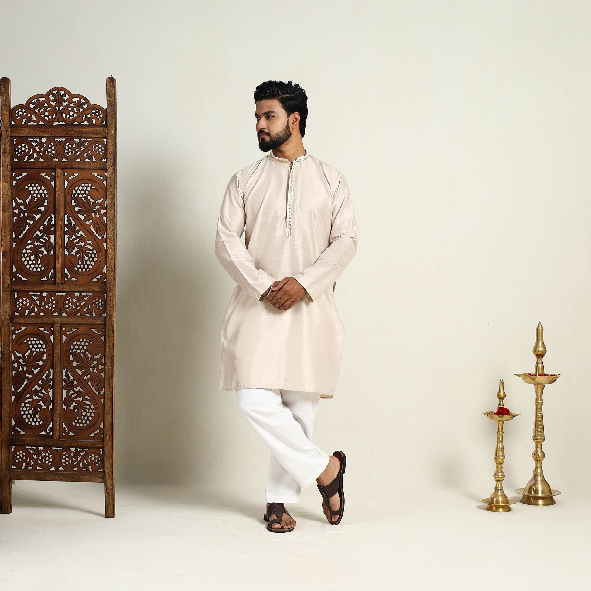 Beige - Slub Silk Kurta for Men with Detailed Neckline Work 06