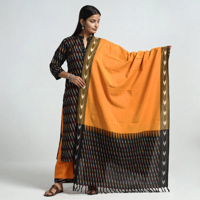Black - Pochampally Ikat Weave Cotton Kurta with Palazzo & Dupatta Set