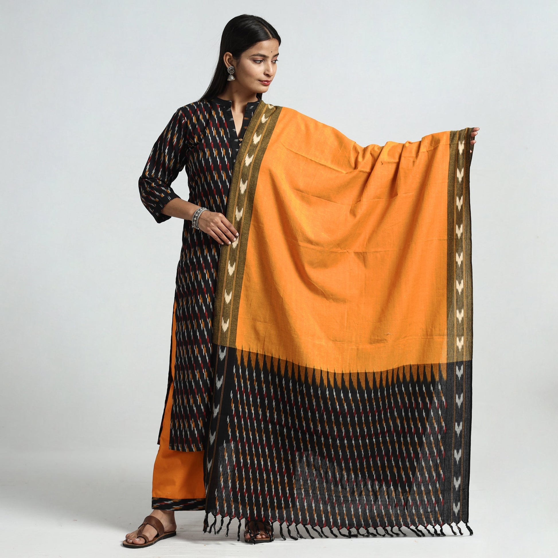 Black - Pochampally Ikat Weave Cotton Kurta with Palazzo & Dupatta Set