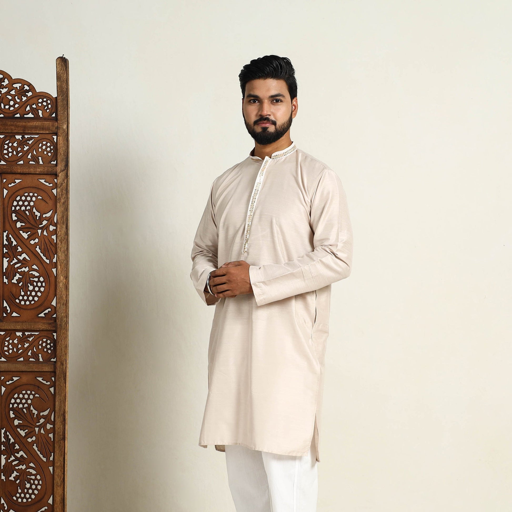 Beige - Slub Silk Kurta for Men with Detailed Neckline Work 06