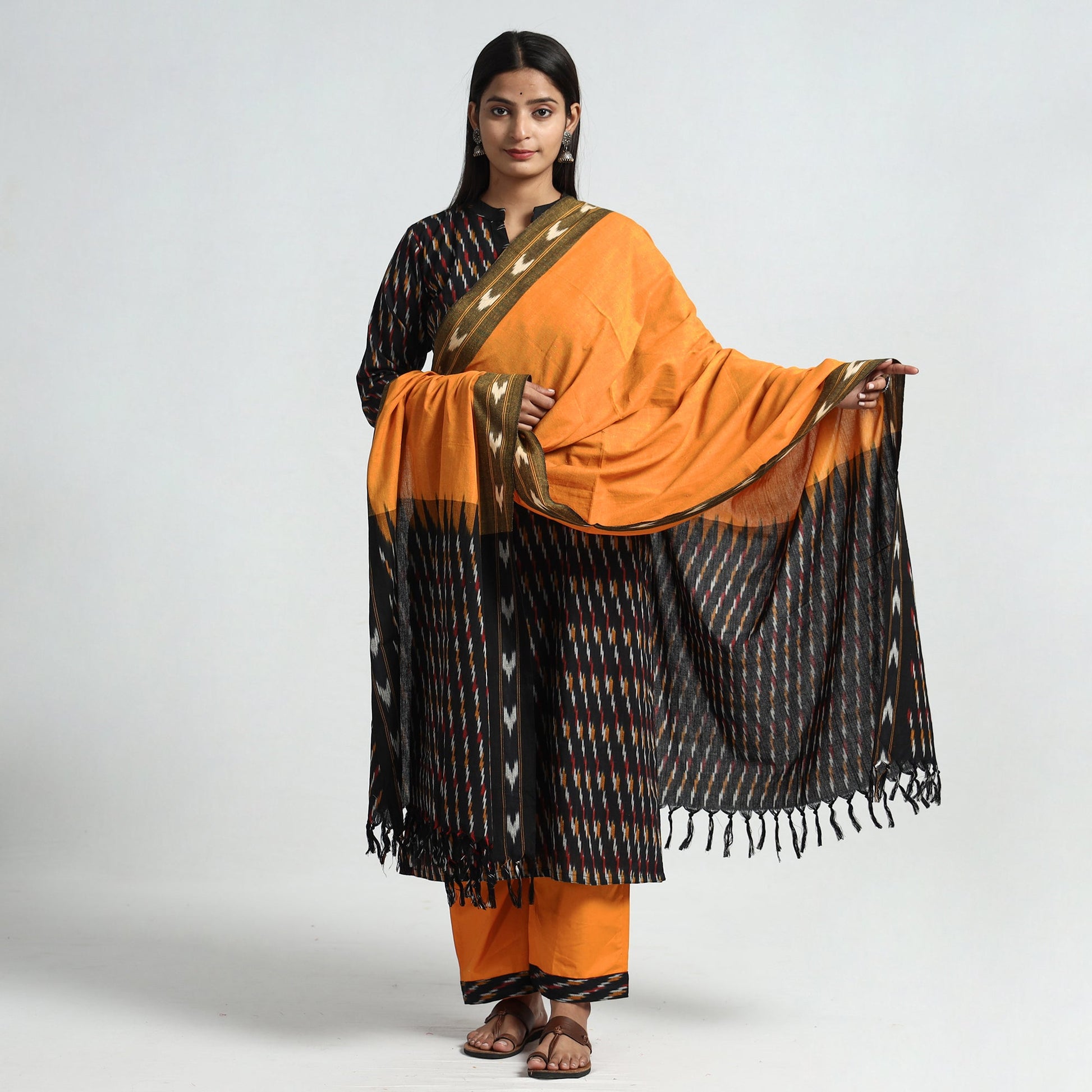 Black - Pochampally Ikat Weave Cotton Kurta with Palazzo & Dupatta Set
