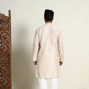 Beige - Slub Silk Kurta for Men with Detailed Neckline Work 06