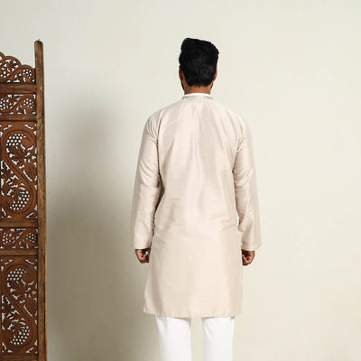 Beige - Slub Silk Kurta for Men with Detailed Neckline Work 06