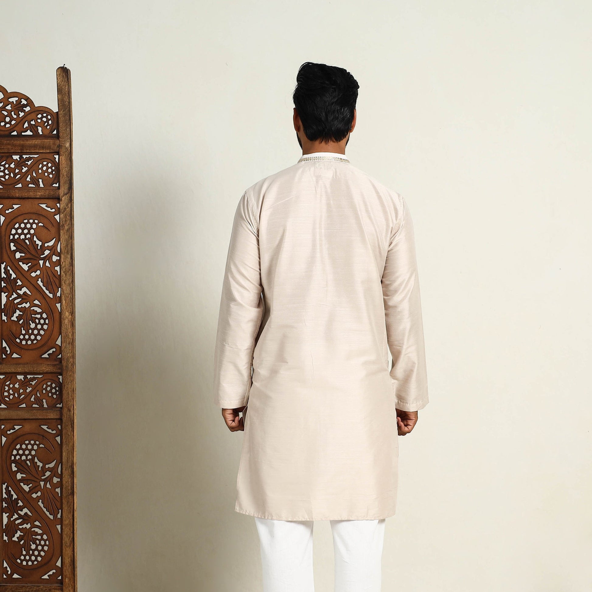 Beige - Slub Silk Kurta for Men with Detailed Neckline Work 06