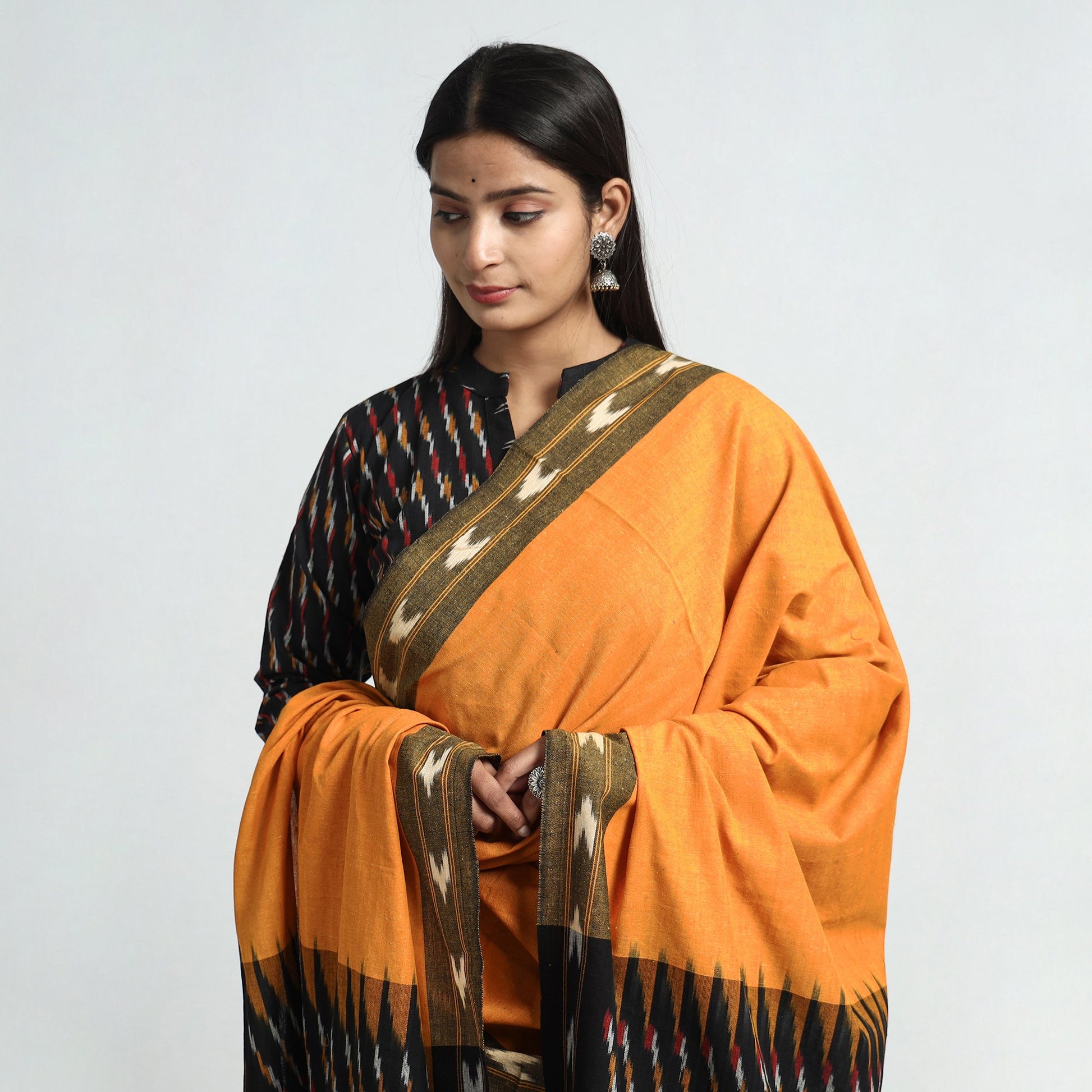 Black - Pochampally Ikat Weave Cotton Kurta with Palazzo & Dupatta Set