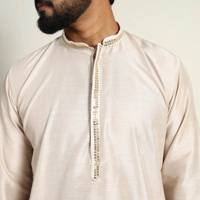 Beige - Slub Silk Kurta for Men with Detailed Neckline Work 06