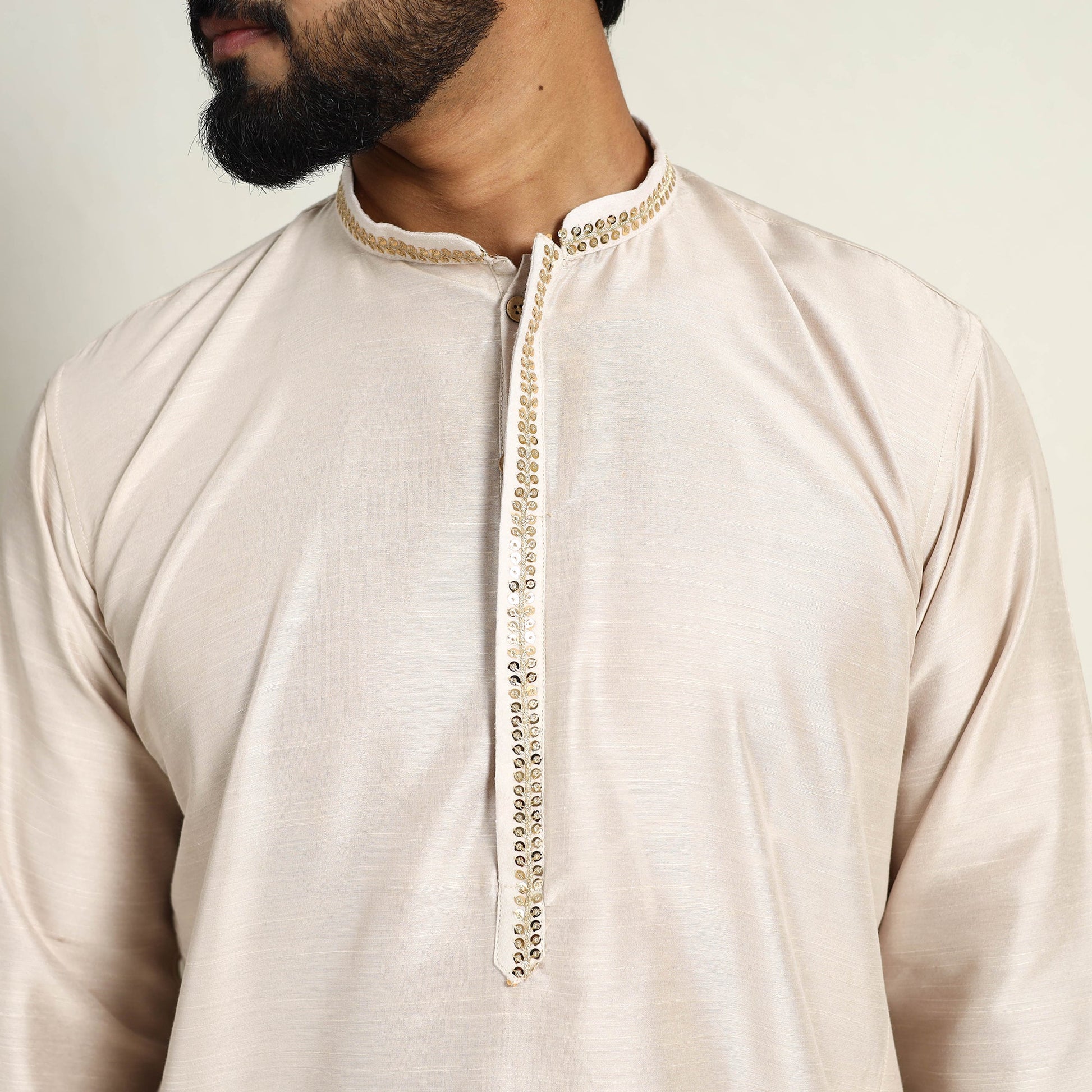 Beige - Slub Silk Kurta for Men with Detailed Neckline Work 06