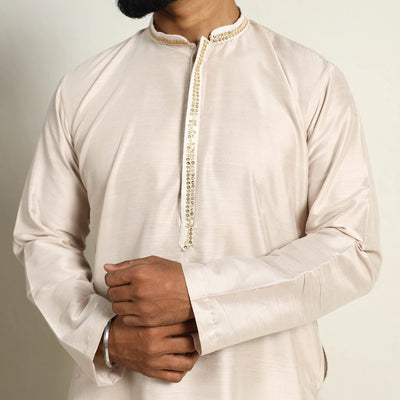 Beige - Slub Silk Kurta for Men with Detailed Neckline Work 06