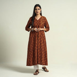 Brown - Block Print Cotton A-Line Bagh Kurta