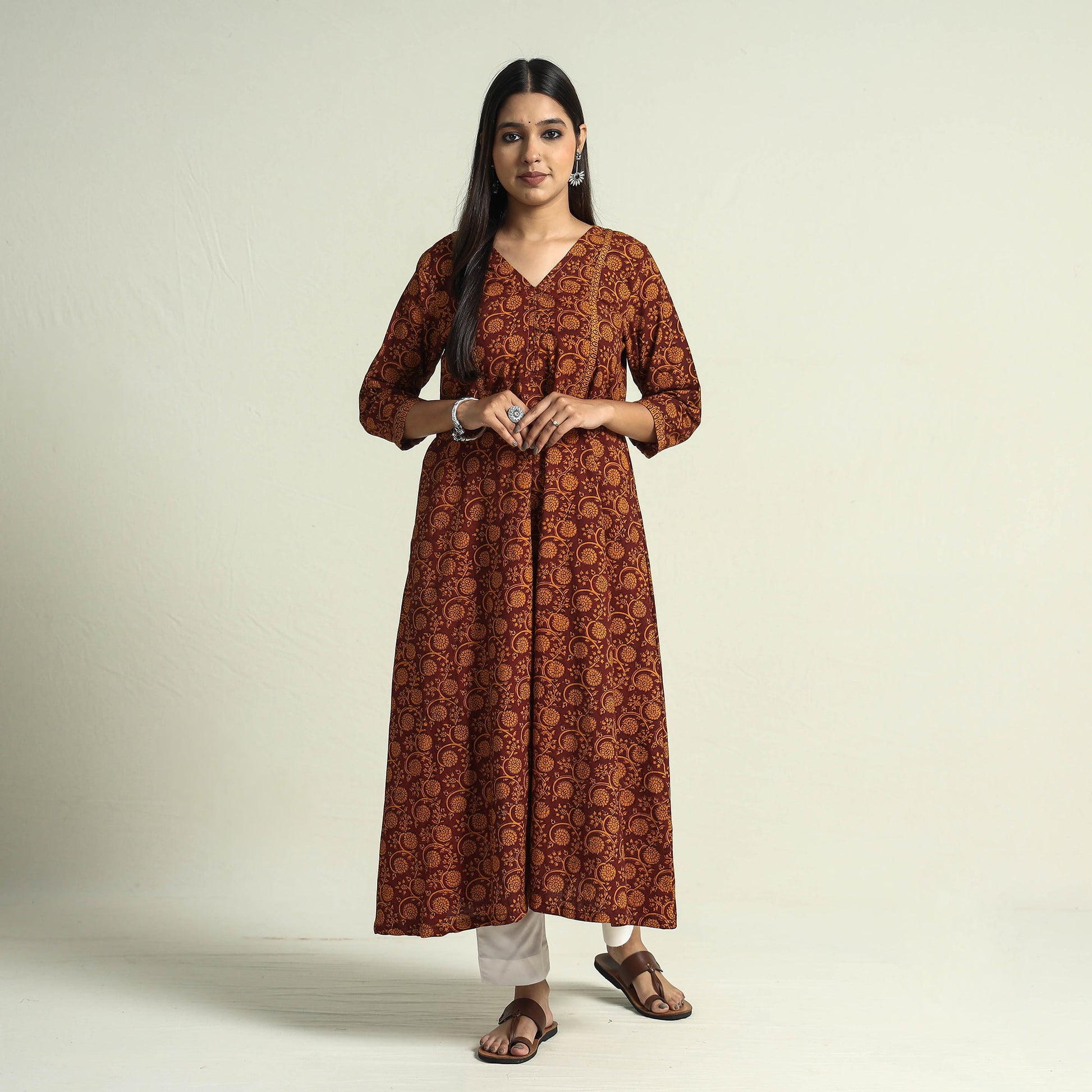 Brown - Block Print Cotton A-Line Bagh Kurta