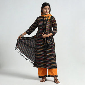 Black - Pochampally Ikat Weave Cotton Kurta with Palazzo & Dupatta Set