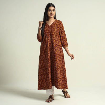 Brown - Block Print Cotton A-Line Bagh Kurta
