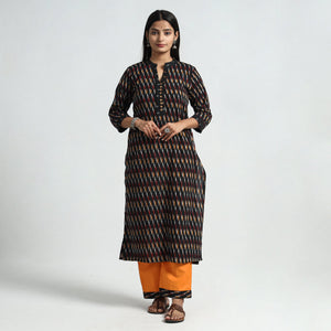 Black - Pochampally Ikat Weave Cotton Kurta with Palazzo & Dupatta Set