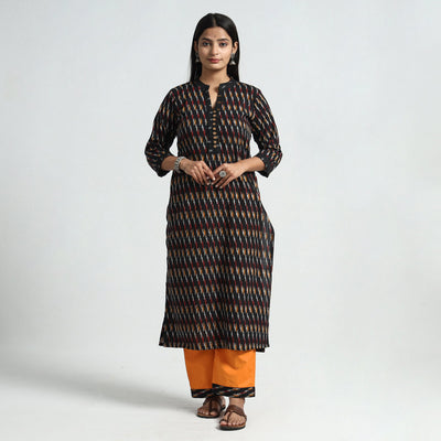 Black - Pochampally Ikat Weave Cotton Kurta with Palazzo & Dupatta Set
