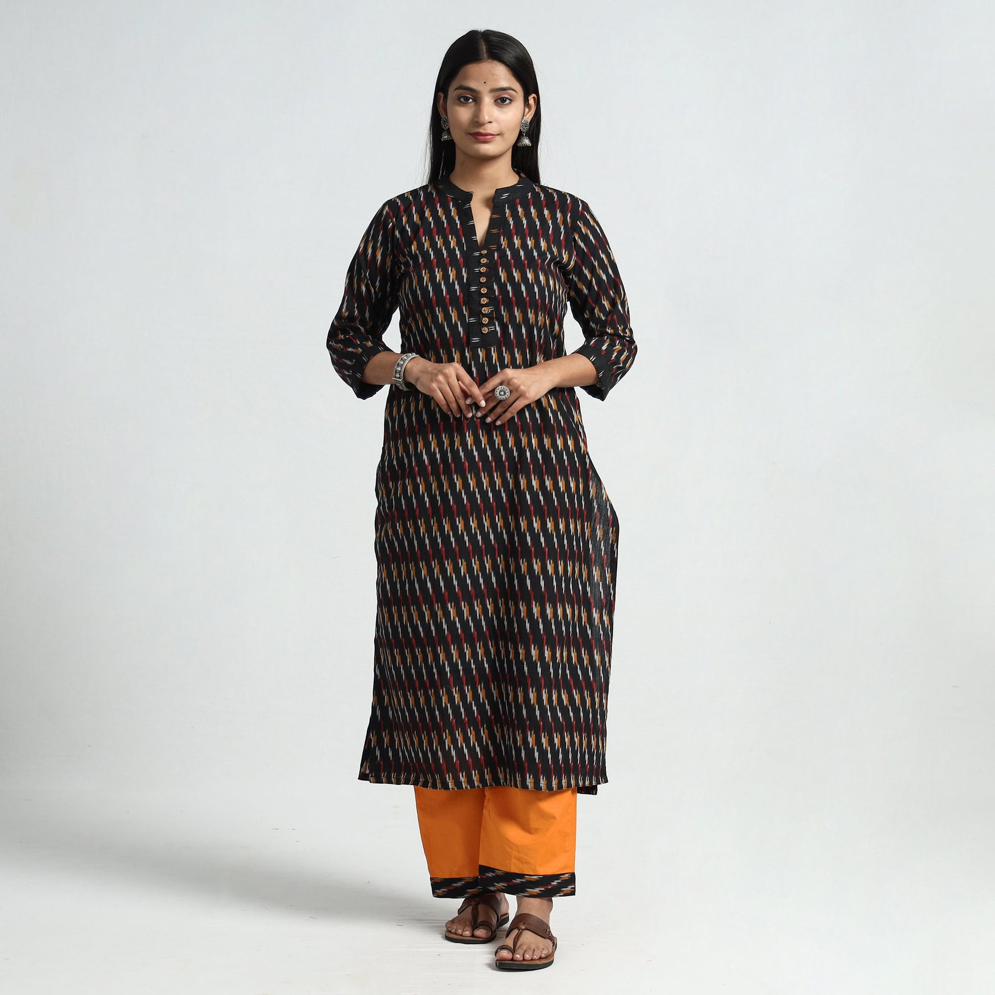 Black - Pochampally Ikat Weave Cotton Kurta with Palazzo & Dupatta Set