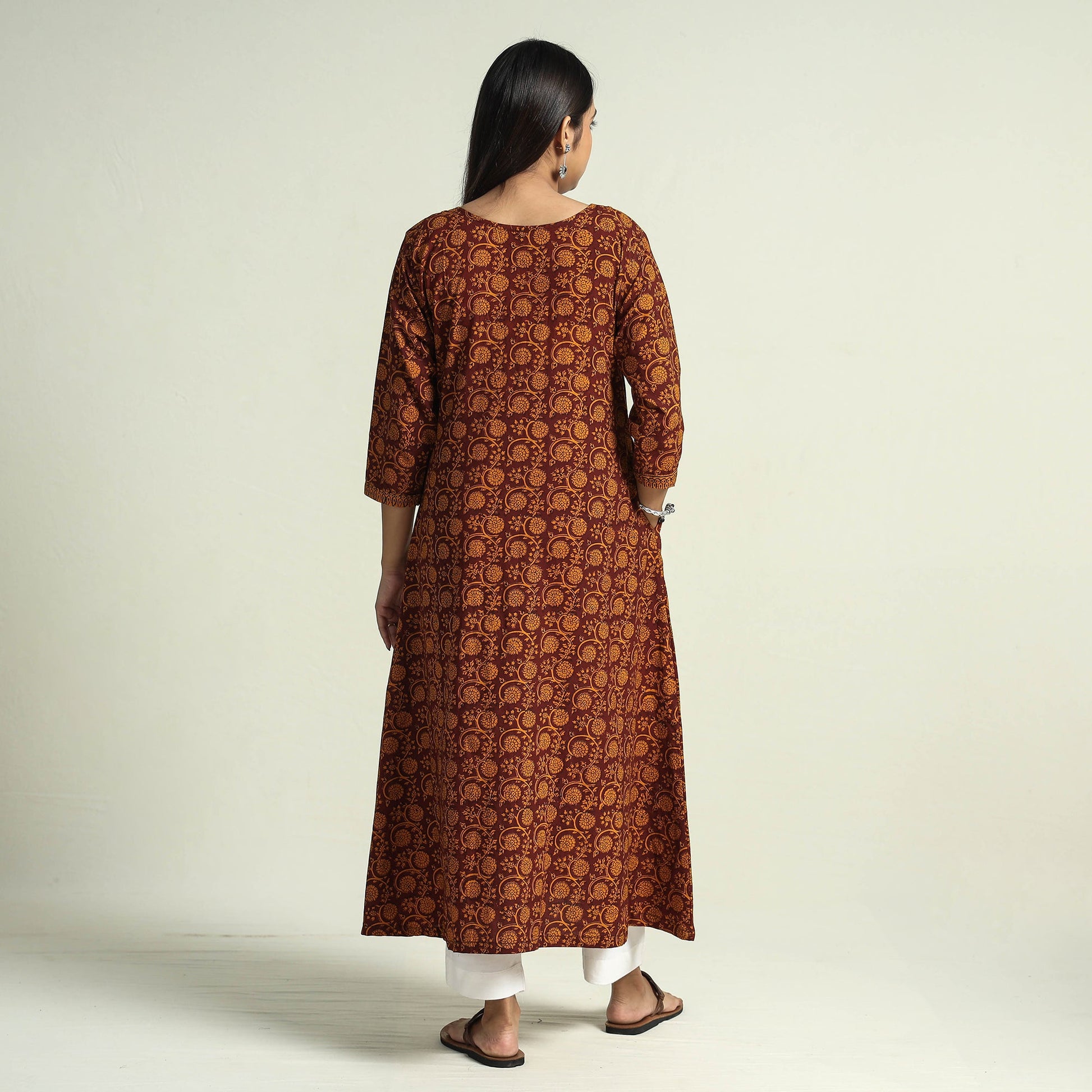 Brown - Block Print Cotton A-Line Bagh Kurta