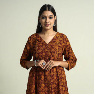Brown - Block Print Cotton A-Line Bagh Kurta