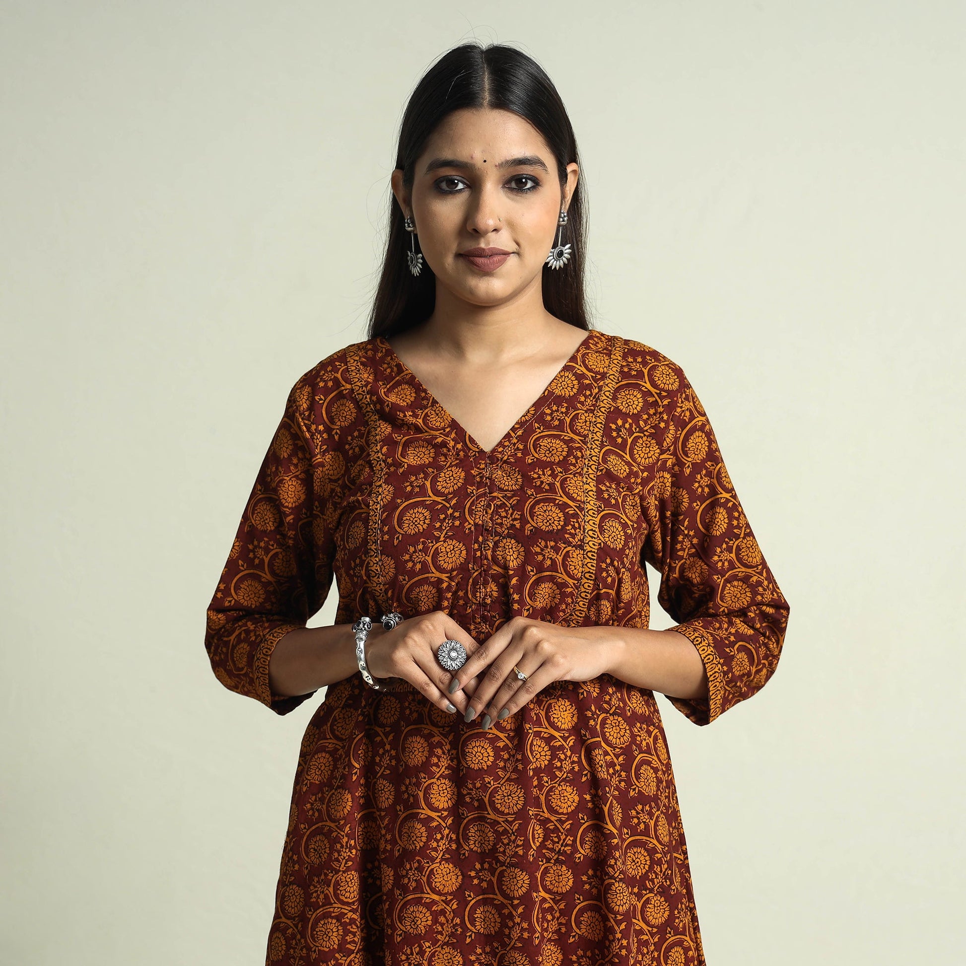 Brown - Block Print Cotton A-Line Bagh Kurta