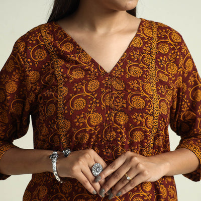 Brown - Block Print Cotton A-Line Bagh Kurta