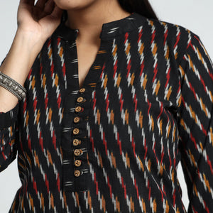 Black - Pochampally Ikat Weave Cotton Kurta with Palazzo & Dupatta Set