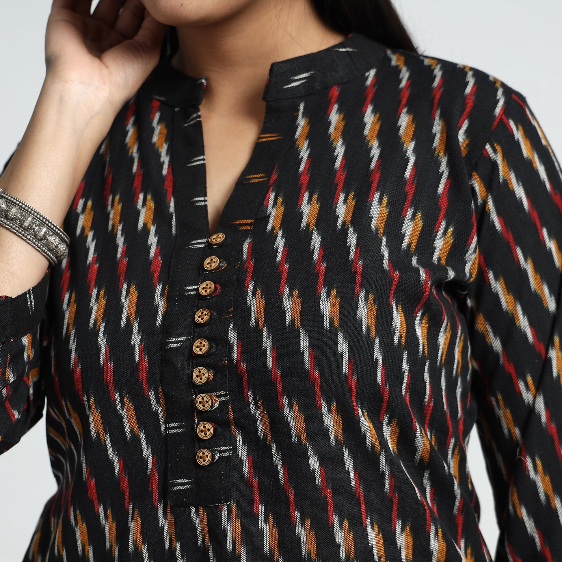 Black - Pochampally Ikat Weave Cotton Kurta with Palazzo & Dupatta Set